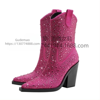 Határokon átnyúló, független állomás, divatos kifutó, vastag sarok, strassz, BlingBling rövid csizma, női cipő, farmer, cowboy bokacsizma