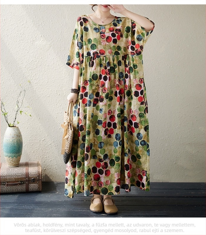 Többszínű, irodalmi retro pulóver, rövid ujjú, külkereskedelmi ruha, 2024-es nyári, bő, plus size, A-vonalú szoknya, női