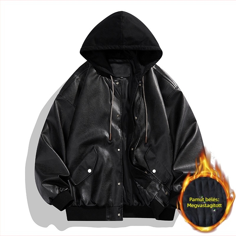 2024 új, hamis, kétrészes bőr férfi divatos koreai, laza, jóképű motoros bőrkabát, kapucnis, vászonkabát