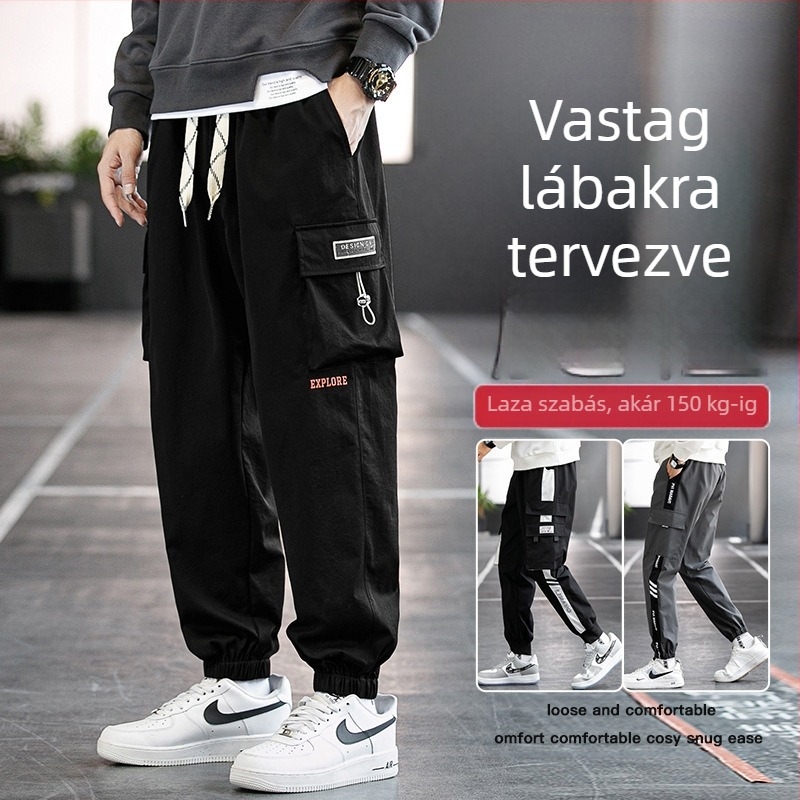 Férfi cargo nadrág 2024 tavaszi és őszi divatos bő, rövidített, többzsebes szabadidőnadrág, plus size, lezser diákoknak