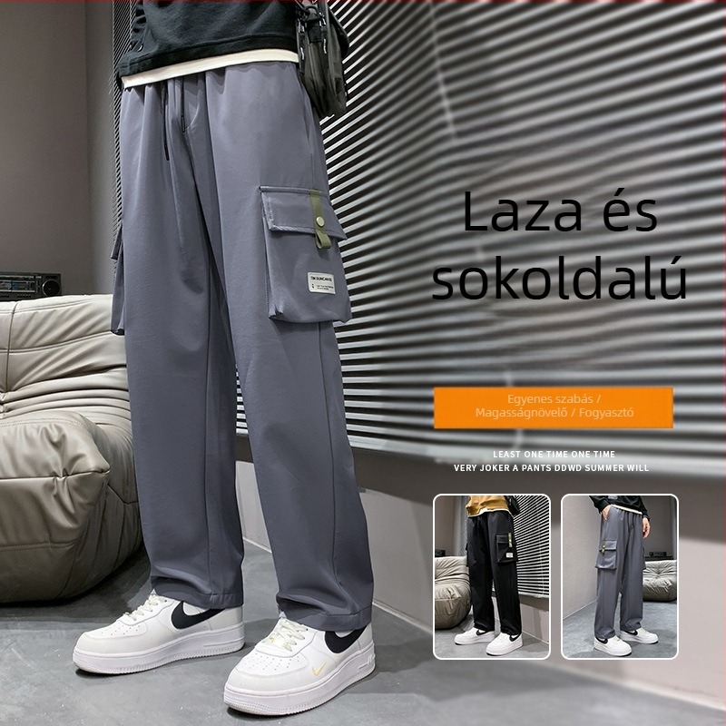 Fekete cargo nadrág Férfi tavaszi és őszi bő egyenes szabású, plus size, plus fat, plus plus, többzsebes őszi lezser hosszú nadrág
