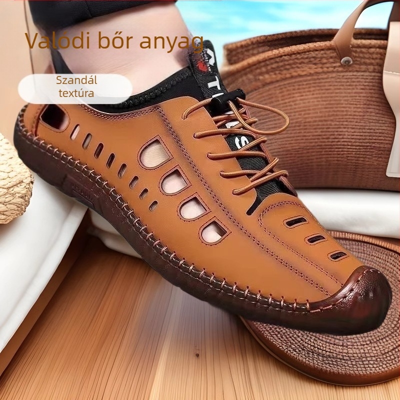 Férfi csúszásgátló, alacsony szárú, puha talpú szandálok, férfi szabadtéri, alkalmi barlangcipők, nyári üreges strandcipők, szandálok marhaínakkal
