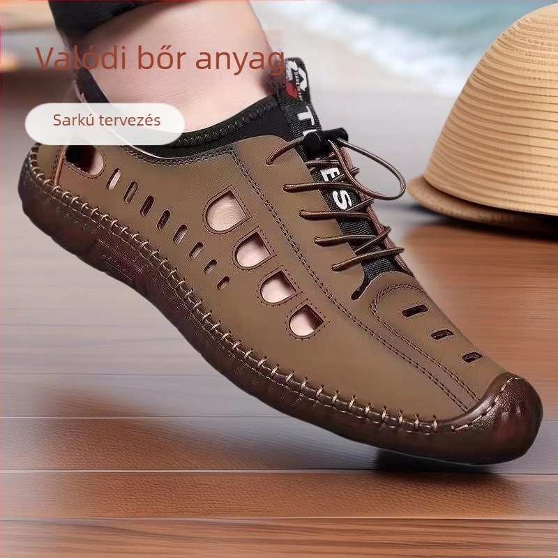 Férfi csúszásgátló, alacsony szárú, puha talpú szandálok, férfi szabadtéri, alkalmi barlangcipők, nyári üreges strandcipők, szandálok marhaínakkal