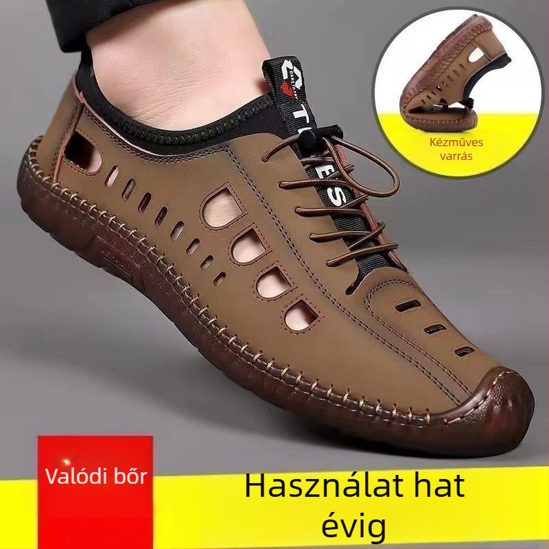 Férfi csúszásgátló, alacsony szárú, puha talpú szandálok, férfi szabadtéri, alkalmi barlangcipők, nyári üreges strandcipők, szandálok marhaínakkal