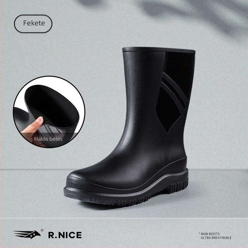 Új esőcsizma gumicipő csúszásmentes középmagas hordó kültéri divatos vízicipő autómosáshoz konyhai szakács munkához vízálló szájú férfi esőcsizma