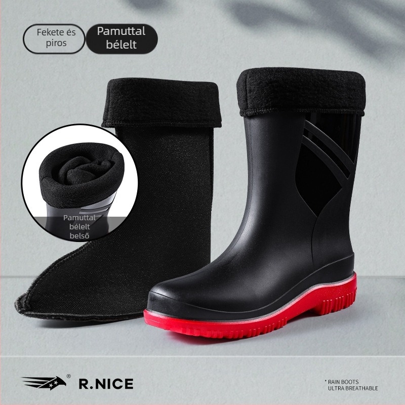 Új esőcsizma gumicipő csúszásmentes középmagas hordó kültéri divatos vízicipő autómosáshoz konyhai szakács munkához vízálló szájú férfi esőcsizma