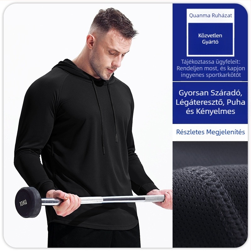 Férfi őszi-téli kapucnis, hosszú ujjú sportruházat, gyorsan száradó, lélegző, kosárlabda futómaratoni felső, fitnesz edzőpulóver