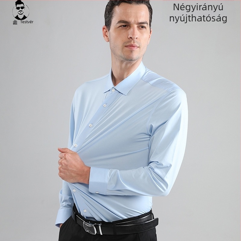Határokon átnyúló, nyomtalan, négyoldalas, magas elasztikus ing, férfi selymes, vasalhatatlan, izomszerű, karcsúsított, csatos ing, Amazon Explosion