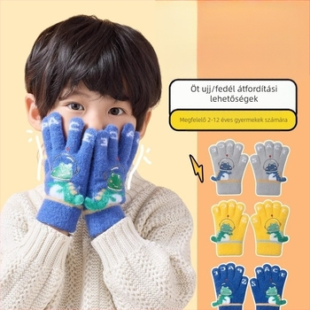 Gyerek meleg kesztyű őszi és téli ötujjas dinoszauruszos rajzfilm ujjal írás fiúknak és lányoknak baba téli polár béléssel fagyálló