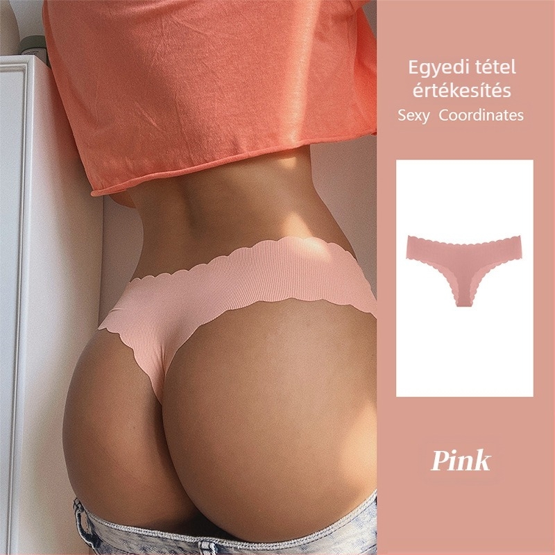 Tume európai méretű, angol jelölésű, bordázott, jégselyem, varrás nélküli, hullámos szélű tanga női, nagy méret, alacsony derekú, barackszínű, szexi popsi