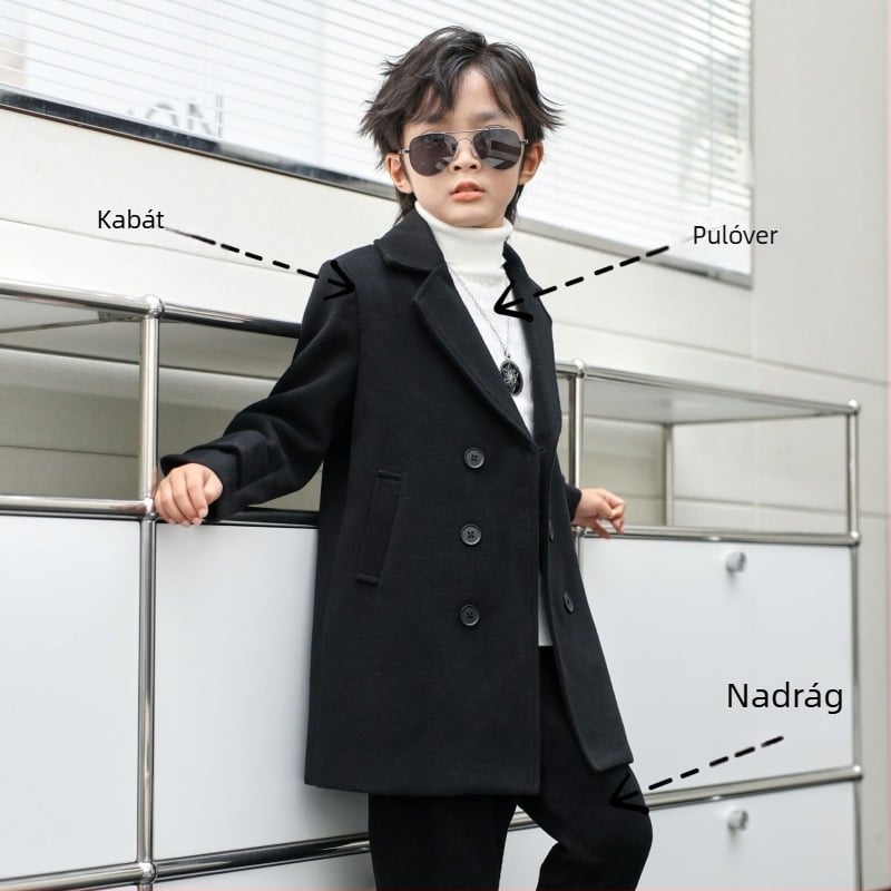 Fiú gyapjúkabát pamutból és vastagító anyagból, őszi-téli gyapjúkabát, gyermek koreai stílusú hajtókás meleg gyapjúkabát