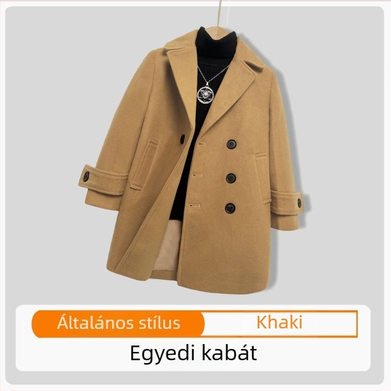 Fiú gyapjúkabát pamutból és vastagító anyagból, őszi-téli gyapjúkabát, gyermek koreai stílusú hajtókás meleg gyapjúkabát