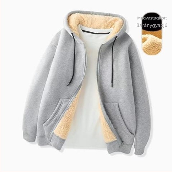 Férfi báránybőr pulóver, őszi-téli, polár bélésű, vastagított cipzáras, bő, kapucnis, hétköznapi sport, plus size munkaruha, dzseki