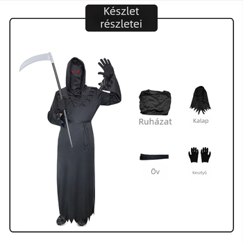 Gyermek rejtélyes horror halál öltöztetős halloweeni jelmez menő vörös szemek sarló