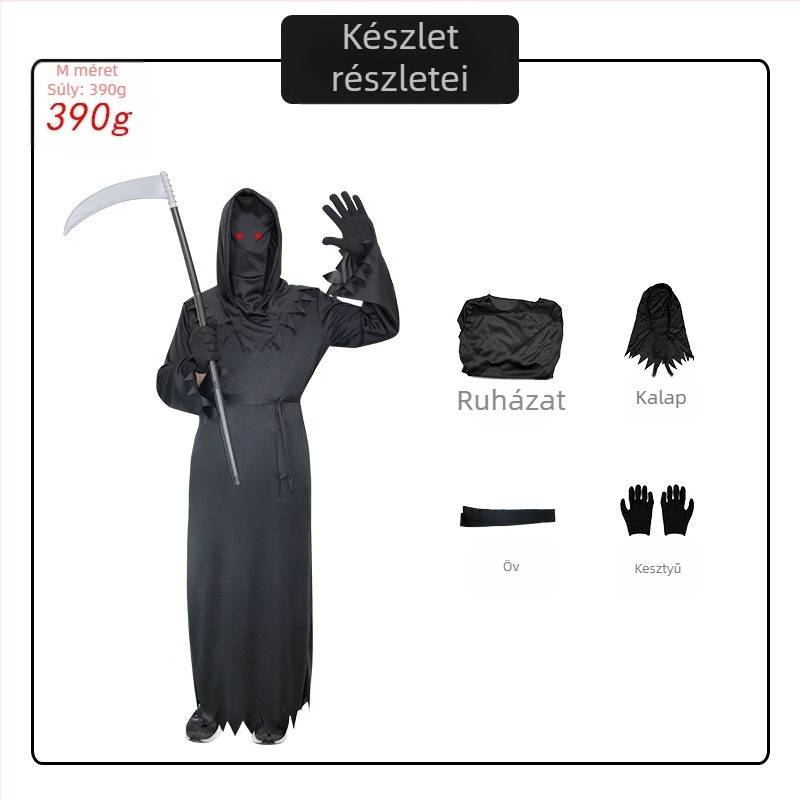 Gyermek rejtélyes horror halál öltöztetős halloweeni jelmez menő vörös szemek sarló