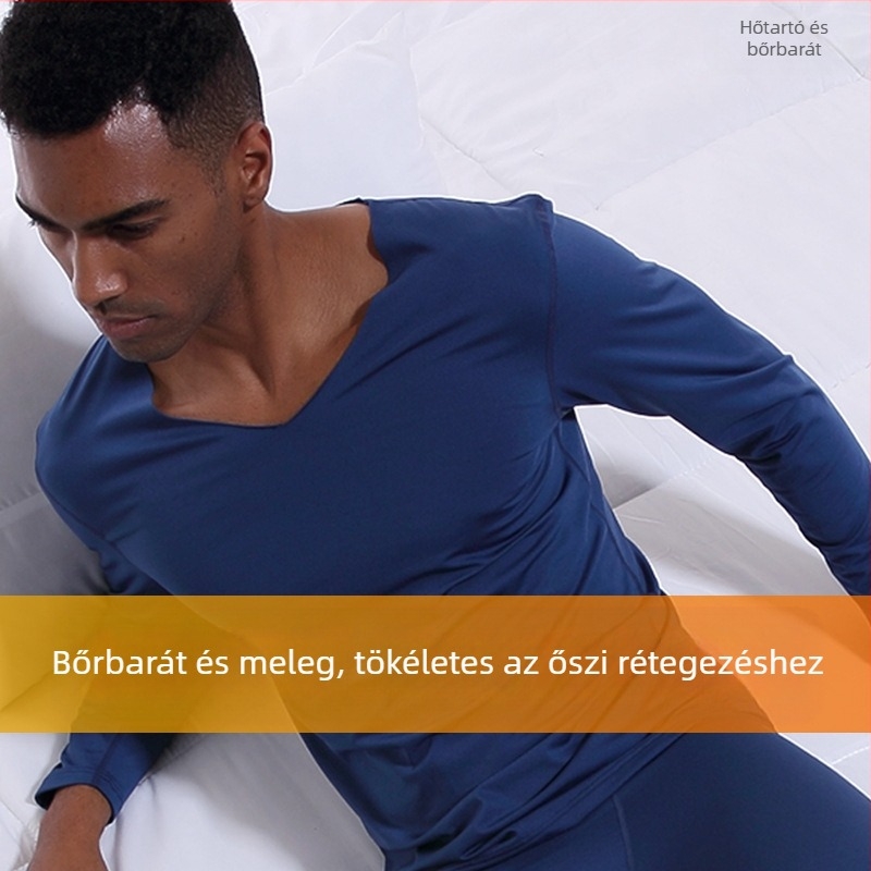 Férfi varrás nélküli thermo alsónemű felső V-nyakú téli karcsúsított polár béléssel feszes vékony alap ing őszi ruhák pamut pulóver