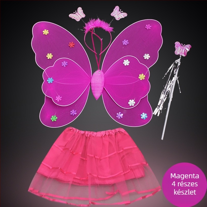 Gyermek színpadi ruházat óvodai hercegnői előadásruha angyal pillangószárnyak négyrészes kosztüm