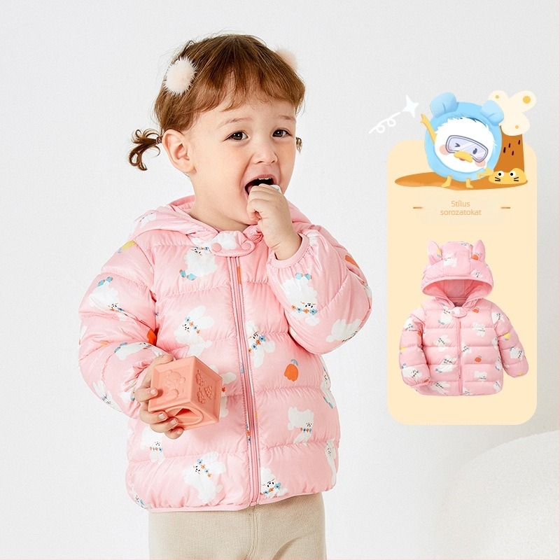 Fiú baba pehelykabát, gyerekkabát, 2023-as téli új, lányka babafelső, fehér kacsapehely, könnyű, kapucnis