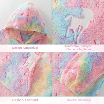 2023-as határokon átnyúló unikornis világító, fényes flanel kapucnis fürdőköpeny, gyermek laza ruhák, világító takaró, otthoni viselet