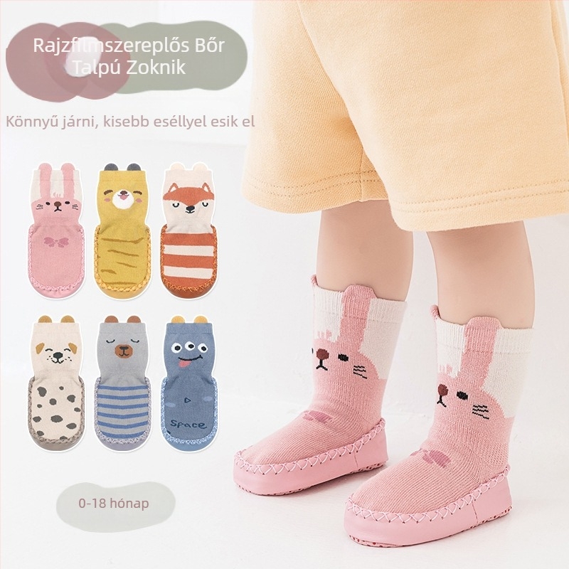 Koreai stílusú csúszásgátló babacipők, zoknik, cipők, csecsemők és kisgyermekek, ragasztós padlózoknik, sztereó rajzfilm bőr talpú zoknik