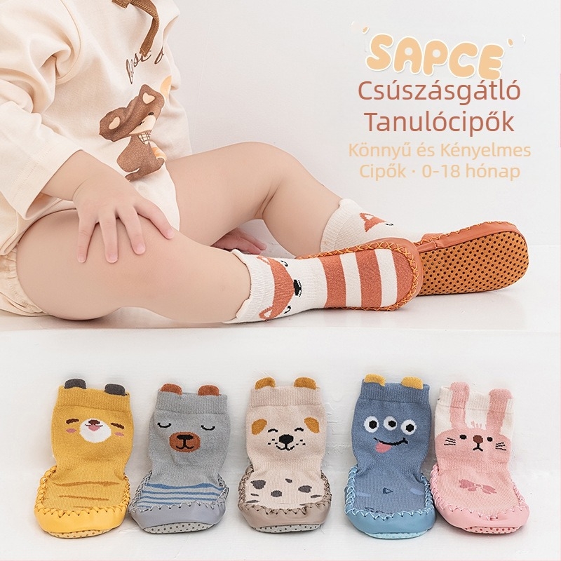 Koreai stílusú csúszásgátló babacipők, zoknik, cipők, csecsemők és kisgyermekek, ragasztós padlózoknik, sztereó rajzfilm bőr talpú zoknik