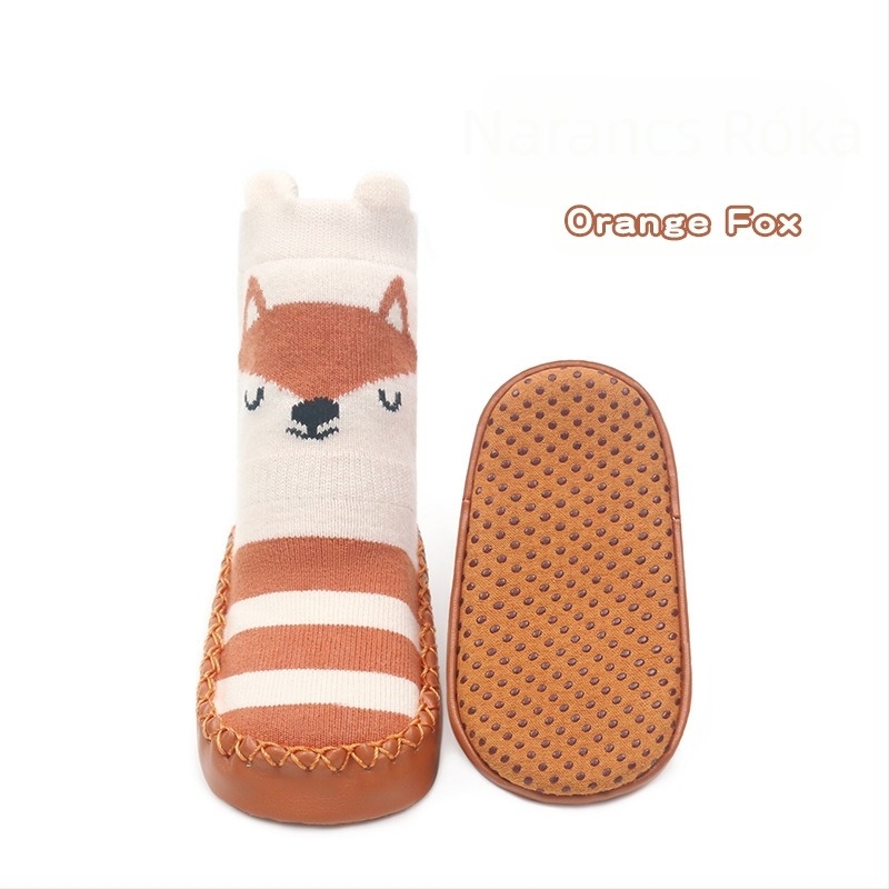 Koreai stílusú csúszásgátló babacipők, zoknik, cipők, csecsemők és kisgyermekek, ragasztós padlózoknik, sztereó rajzfilm bőr talpú zoknik
