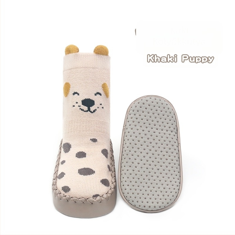 Koreai stílusú csúszásgátló babacipők, zoknik, cipők, csecsemők és kisgyermekek, ragasztós padlózoknik, sztereó rajzfilm bőr talpú zoknik