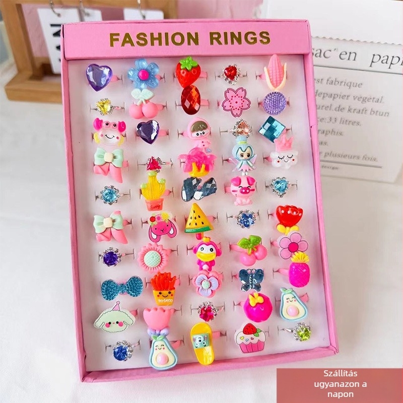 Új gyermekgyűrű 50 darabos rajzfilm kiber híresség lányoknak való állítható gyűrűszett 61 darabos gyermeknapi ajándék