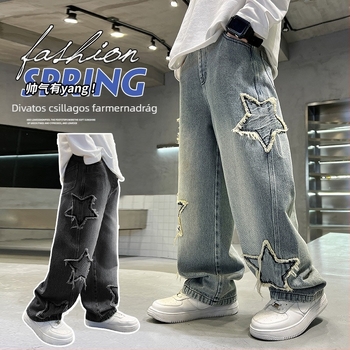 Fiú farmernadrágok tavasz és ősz 2025 Új stílusos egyenes szárú nadrág fiúknak tavaszi és őszi gyermek bő hosszú nadrágok divatos