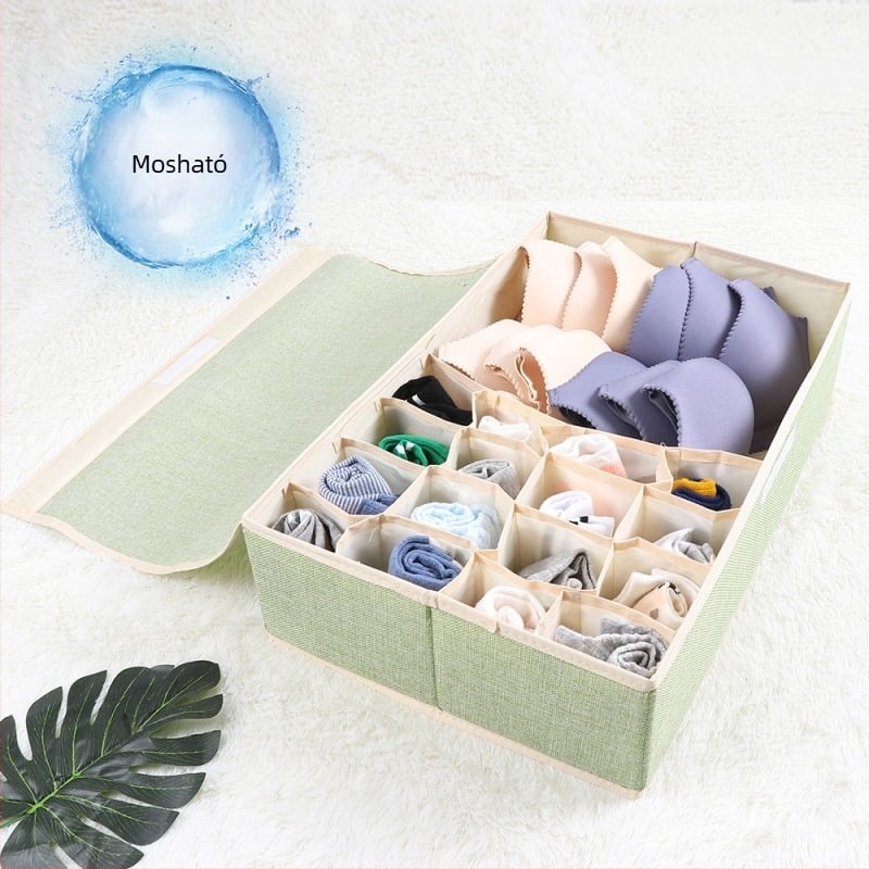 Új pamut és lenvászon alsónemű tárolódoboz szövetből, összecsukható, többrácsos melltartó-rendszerező doboz, borított alsónemű zokni portartóval