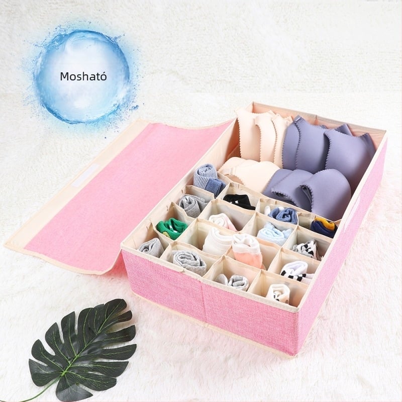 Új pamut és lenvászon alsónemű tárolódoboz szövetből, összecsukható, többrácsos melltartó-rendszerező doboz, borított alsónemű zokni portartóval
