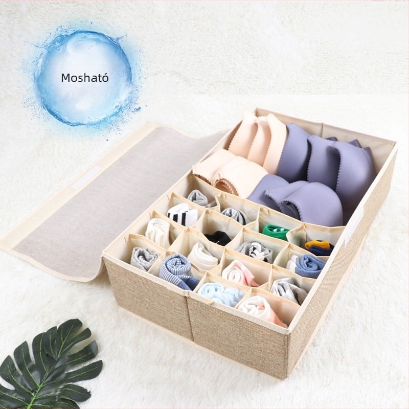 Új pamut és lenvászon alsónemű tárolódoboz szövetből, összecsukható, többrácsos melltartó-rendszerező doboz, borított alsónemű zokni portartóval
