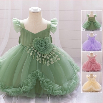 Kislány gyerekruha, nagy virágos hálós, puffos hercegnős ruha, viráglány menyasszonyi ruha, egyéves babaruha