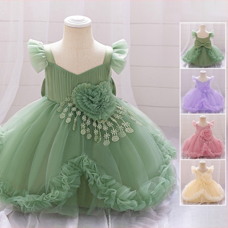 Kislány gyerekruha, nagy virágos hálós, puffos hercegnős ruha, viráglány menyasszonyi ruha, egyéves babaruha