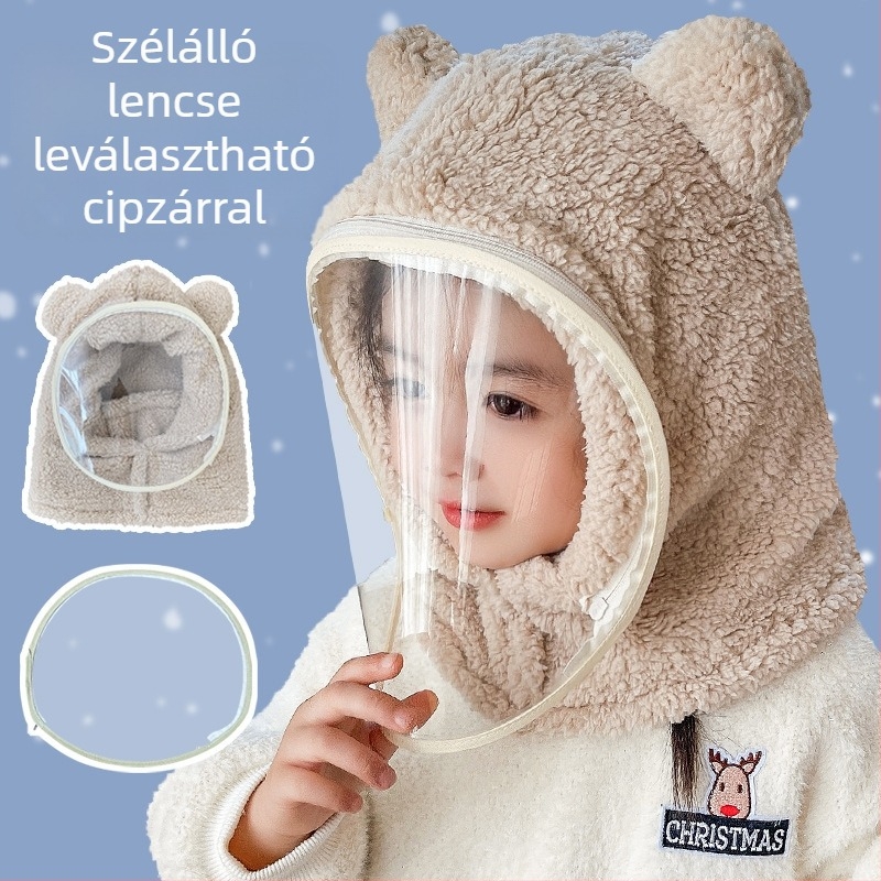 Gyerek sapka, szélálló sapka, téli sálba integrált sapka arcvédővel, teljes arcvédelem, kerékpáros medve pulóver sapka, szélálló és meleg