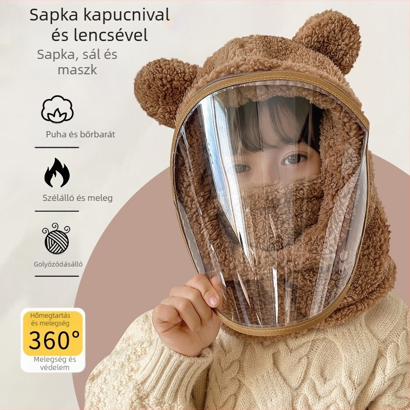 Gyerek sapka, szélálló sapka, téli sálba integrált sapka arcvédővel, teljes arcvédelem, kerékpáros medve pulóver sapka, szélálló és meleg