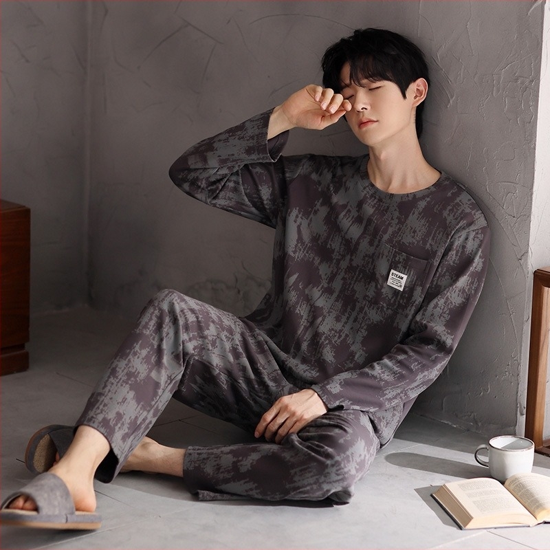 Férfi tavaszi és őszi pamut hosszú ujjú kétrészes pizsama szett 2025 új tavaszi és őszi plus size férfi otthoni ruházat