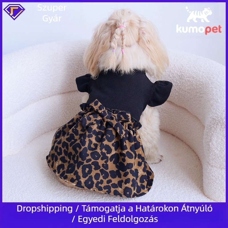 Egyrészes leopárdmintás bud szoknya azonos masnival, kényelmes és bőrbarát, minden évszakra alkalmas, macska- és kutyaruházat forrásgyár