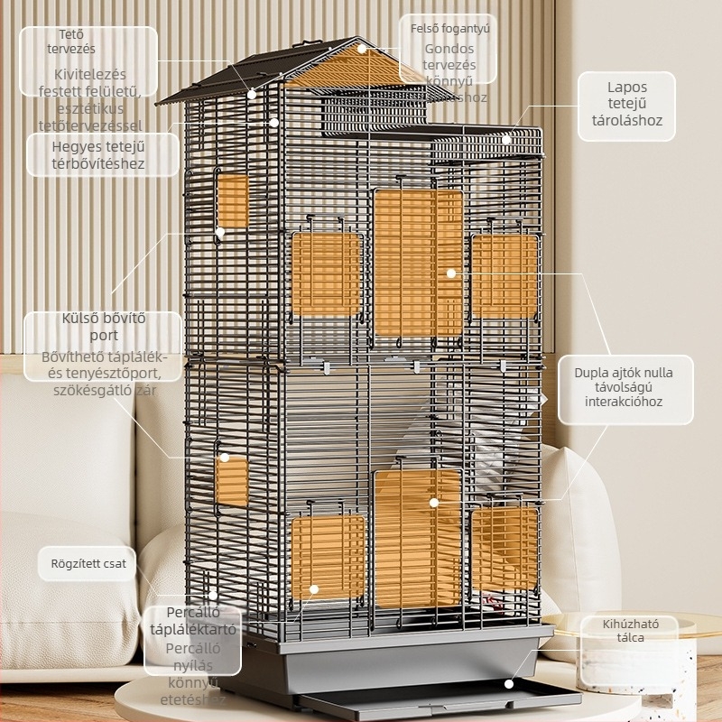 Papagáj madárkalitka, nagy, dróthálós, háztartási díszes, Xuanfeng bazsarózsa, emeletes villa, extra nagy, vízszintes dróthálós fémkalitka