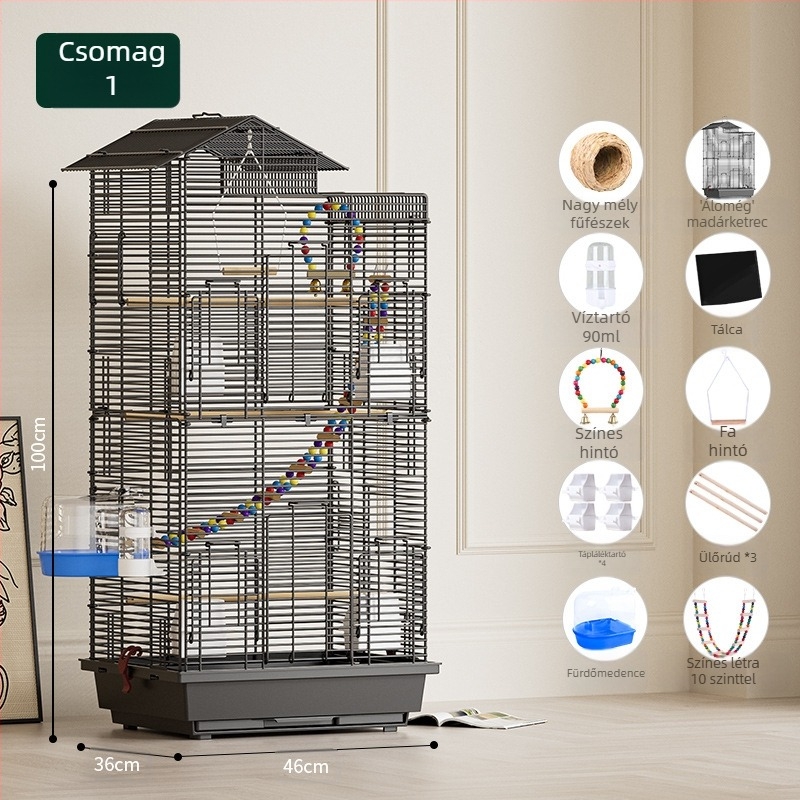 Papagáj madárkalitka, nagy, dróthálós, háztartási díszes, Xuanfeng bazsarózsa, emeletes villa, extra nagy, vízszintes dróthálós fémkalitka