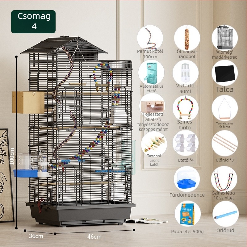 Papagáj madárkalitka, nagy, dróthálós, háztartási díszes, Xuanfeng bazsarózsa, emeletes villa, extra nagy, vízszintes dróthálós fémkalitka