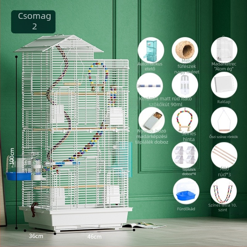 Papagáj madárkalitka, nagy, dróthálós, háztartási díszes, Xuanfeng bazsarózsa, emeletes villa, extra nagy, vízszintes dróthálós fémkalitka