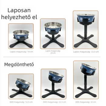 Új, állítható magasságú, felborulásgátlóval ellátott, magasra dönthető kutyatál, közepes és nagytestű kutyák számára alkalmas.