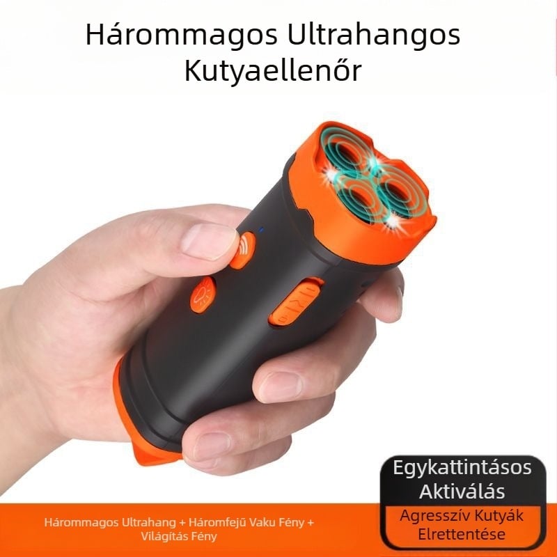 Ultrahangos nagy teljesítményű, hárommagos kutyariasztó eszköz, ugatásgátló eszköz, kutyakiképző eszköz, kutyaharapás és ugatás megelőzésére szolgáló riasztó, önvédelem és harapásgátló