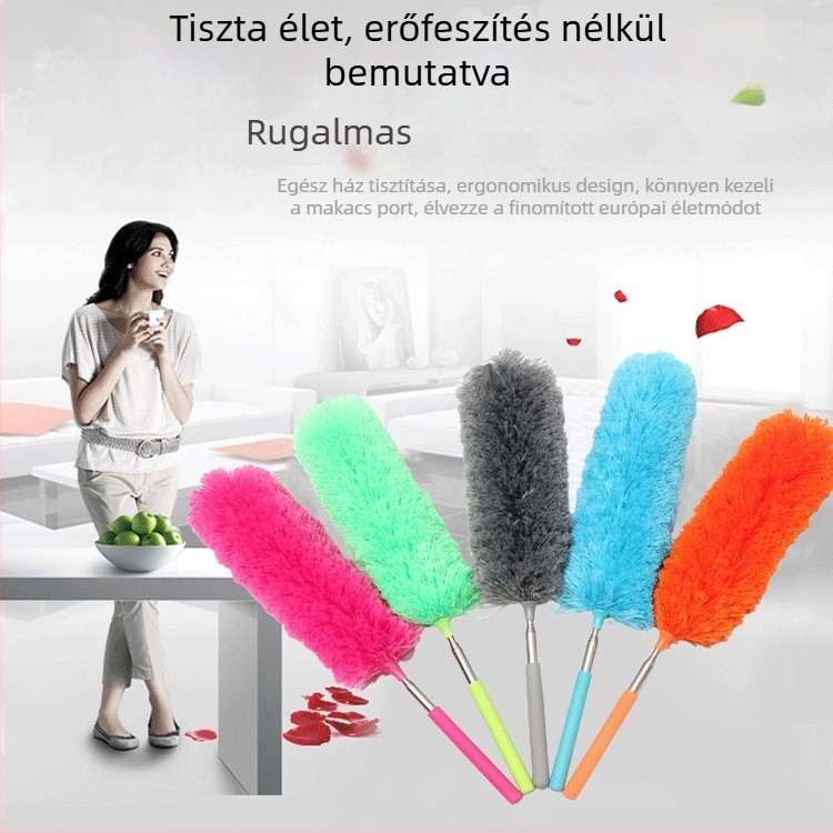 Nagykereskedelmi háztartási elektrosztatikus poroló rozsdamentes acél teleszkópos hajlító szálas tisztító tollporoló porseprő műtárgy