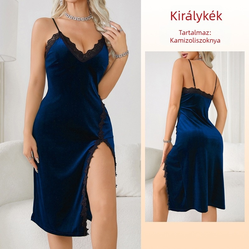 Európai és amerikai határokon átnyúló külkereskedelem szexi mély V-nyakú pizsama női hosszú hálóing bársony csipke kísértés hát nélküli otthon 341