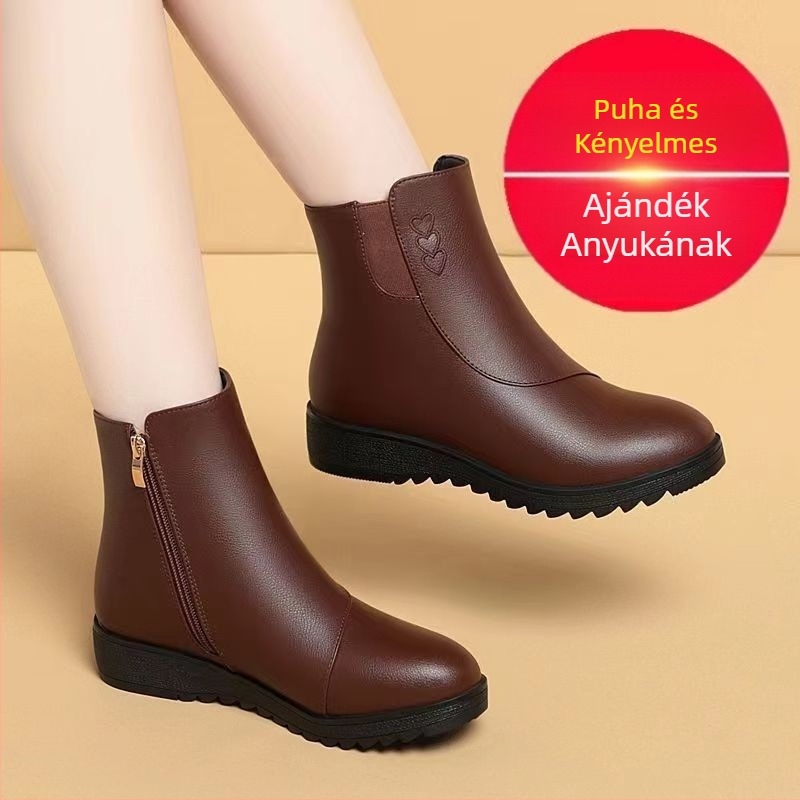 Anyacipő rövid csizma puha bőr pamutcipő puha talpú polár bélésű bőrcipő középkorúaknak és időseknek téli új csizma plus size lapos talpú női csizma