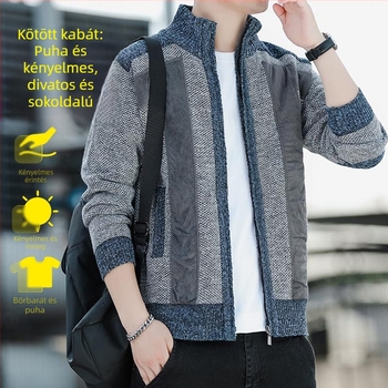 Férfi téli garbó, cipzáras kardigán, divatos, trendi, polár bélésű, vastagított kötött kabát férfiaknak