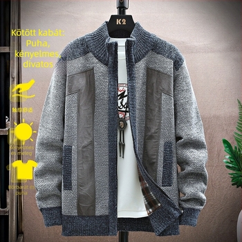 Férfi téli garbó, cipzáras kardigán, divatos, trendi, polár bélésű, vastagított kötött kabát férfiaknak