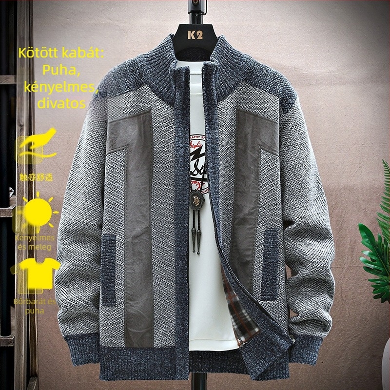 Férfi téli garbó, cipzáras kardigán, divatos, trendi, polár bélésű, vastagított kötött kabát férfiaknak